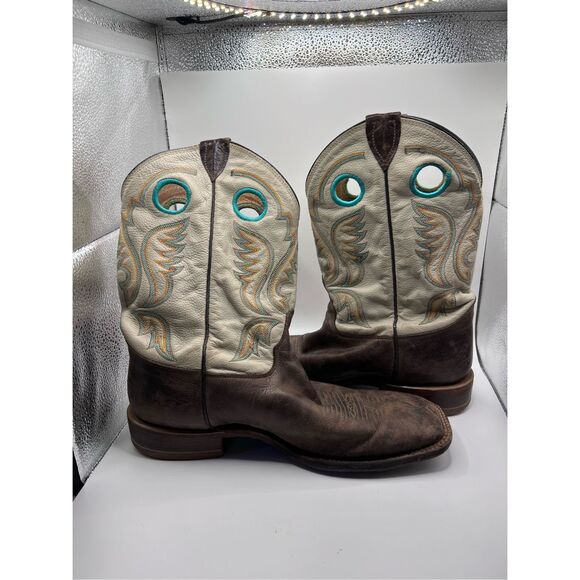 JUSTIN Bent Rail Boots Brown White w Turquoise Western‎ Square Toe Mens 10 D
